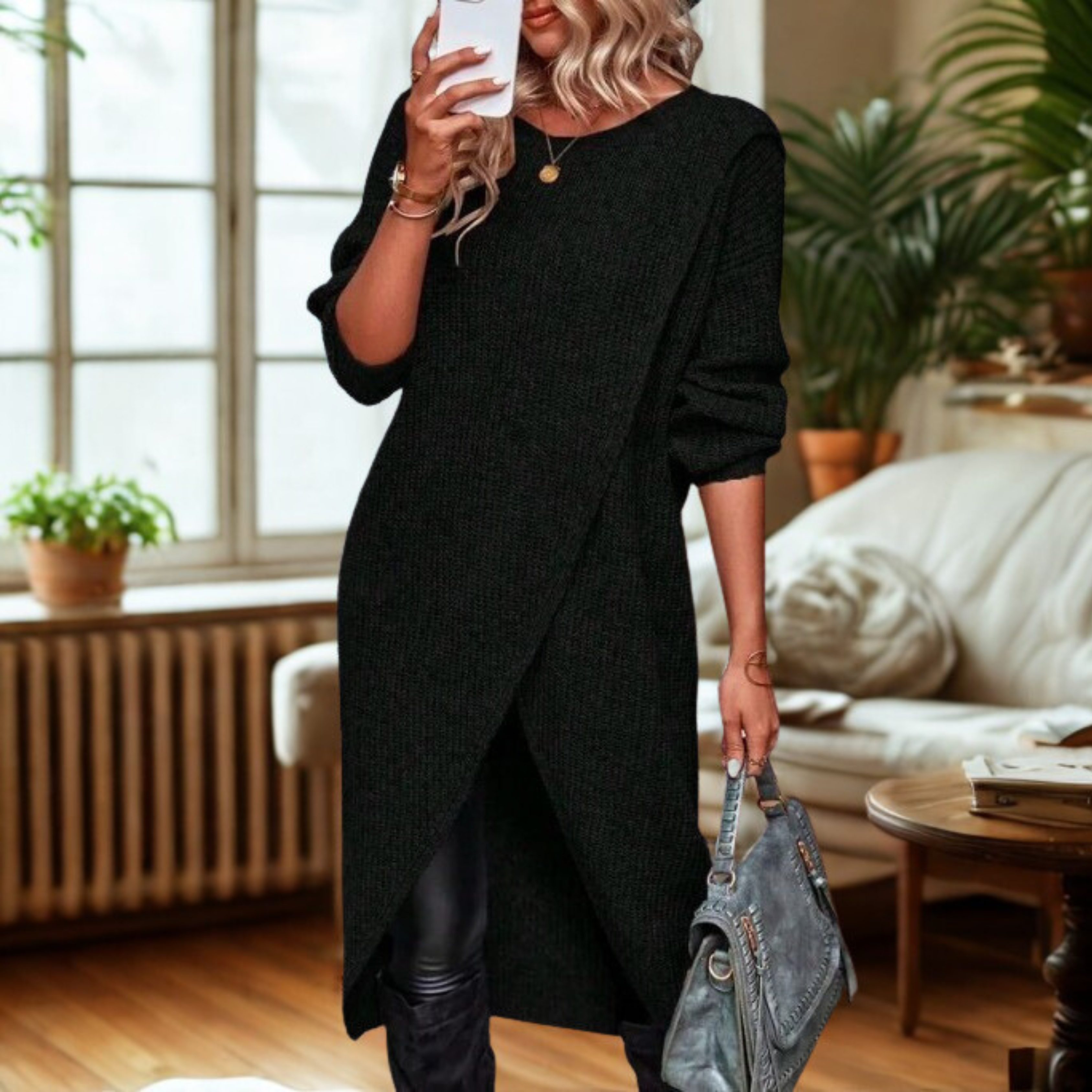 GALLY™ - Casual Plain Wrap Tunic Sweater Dress