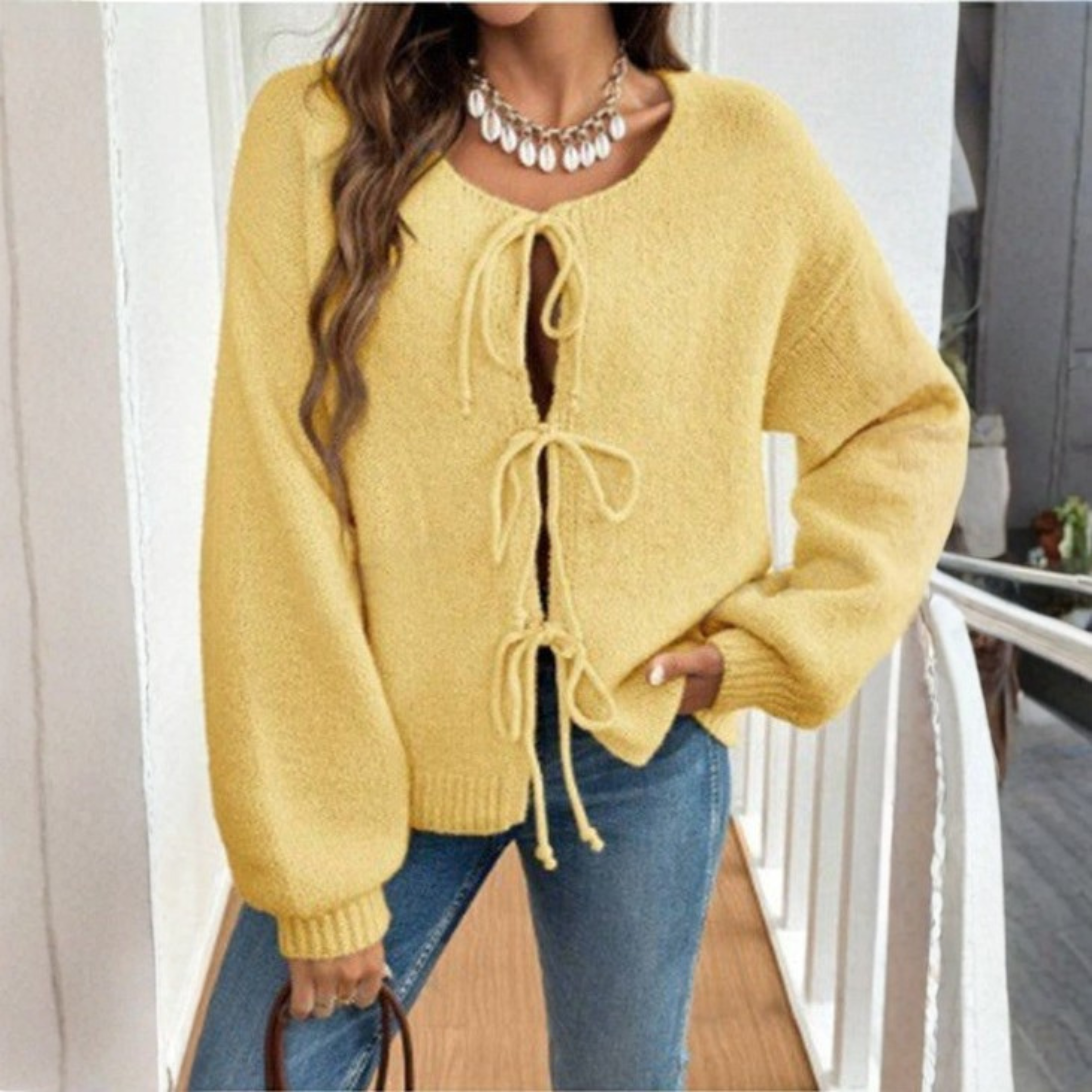 ADRIENNE™ - Chic Long Sleeve Round Neck Tie Front Cardigan