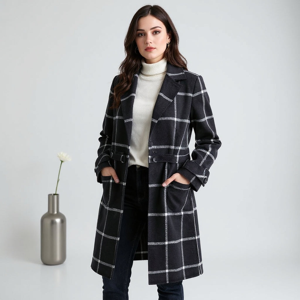 Holly | Manteau en Tweed à Carreaux avec Revers Rétro