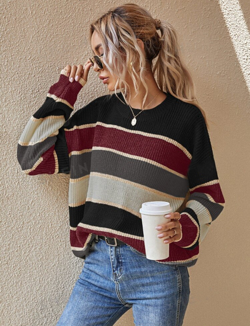 QUENBY™ - Casual Striped Long Sleeve Round Neck Sweater