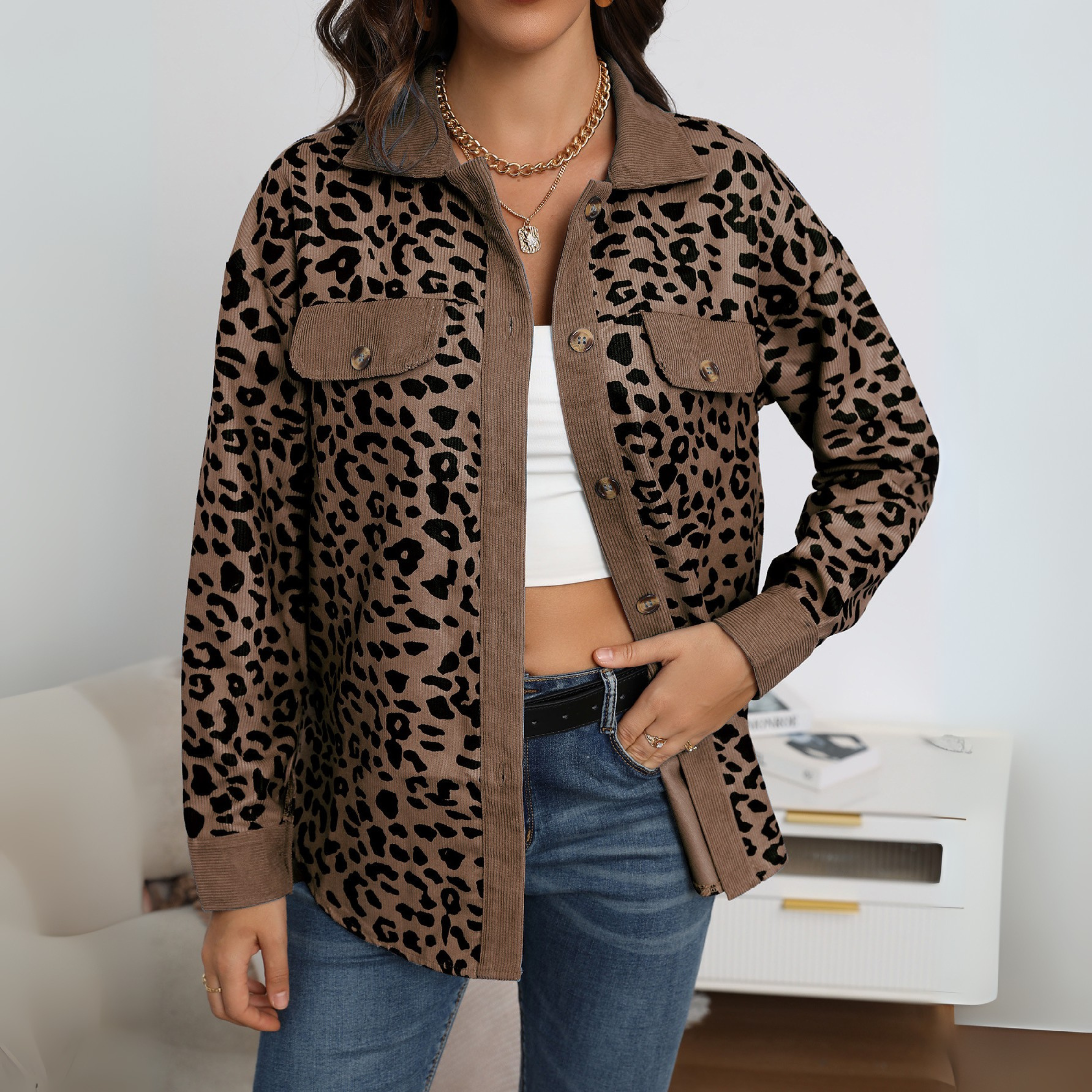 SISI™ - Casual Leopard Print Button Front Jacket
